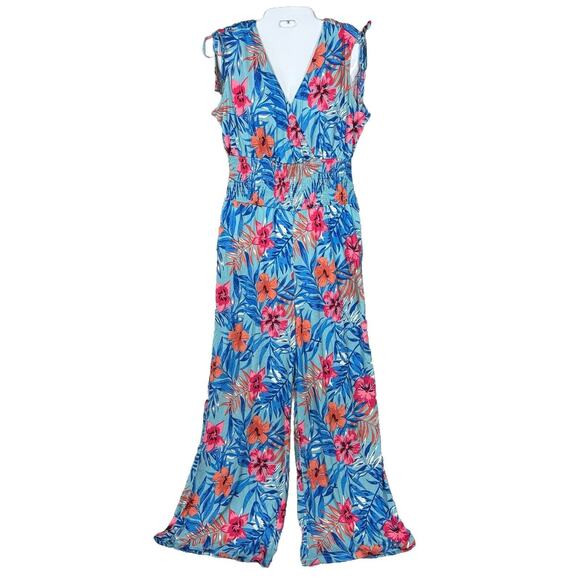 LASCANA Pants - Lascana VS Womens Jumpsuit Faux Wrap Floral sz 10 Wide Leg Tropical bloomcore